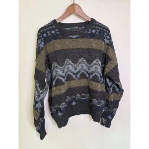 Vintage Tris Line Italy Sweater L Gray Blue Geometric Wool Blend Retro Knit